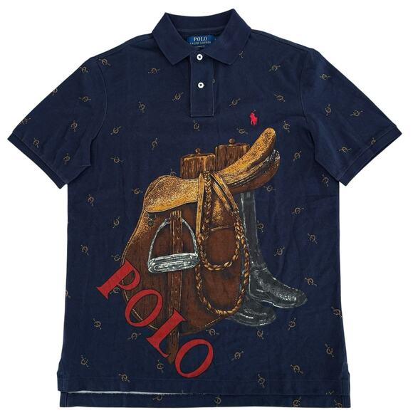 Polo Ralph Lauren Equestrian Saddle Polo Shirt Navy Blue Horseshoe Print Small - Picture 1 of 8